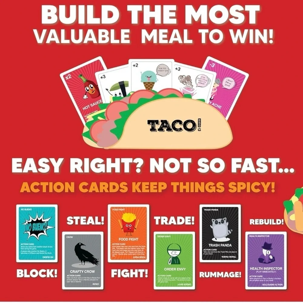 Taco vs Burrito Strategic Card Game Family Age 6+, 2-4 Players, 15 Min Play